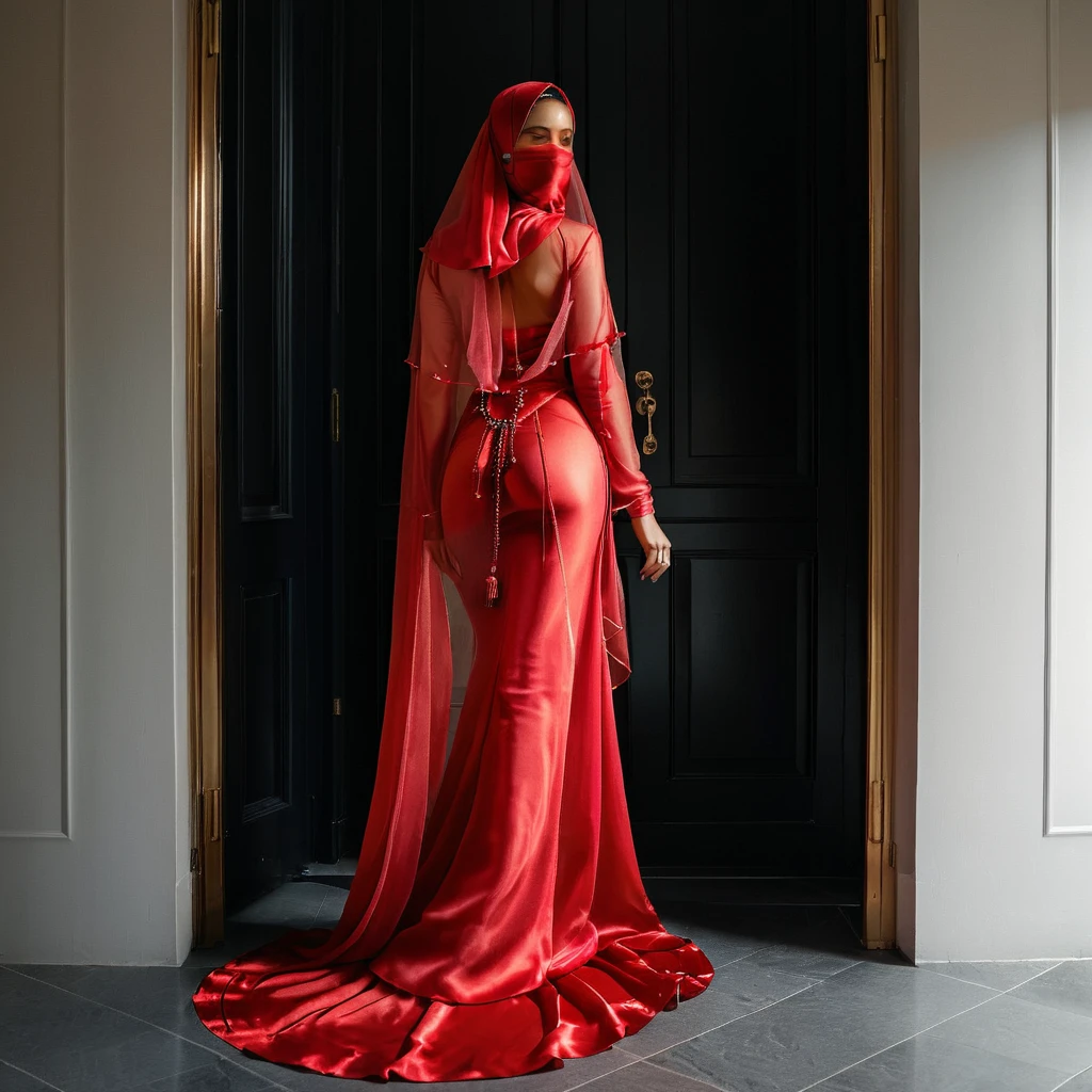 a woman in the translucent silk red gown, tight full body tied, satin sheet, nipple on with nipple piercing, wearing translucent veils, faceless, face cover with satin veil, satin hijab, full body, long satin,mermaid tight long gown, flowy dramatic long gown, tall women, satin bed, strugle to walk, wear high heels, walk through door, masterpice 