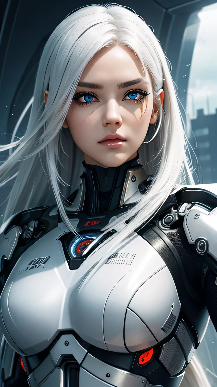 cyborg girl, beautiful eyes, battle field background, white hair, masterpiece, ultra high details
