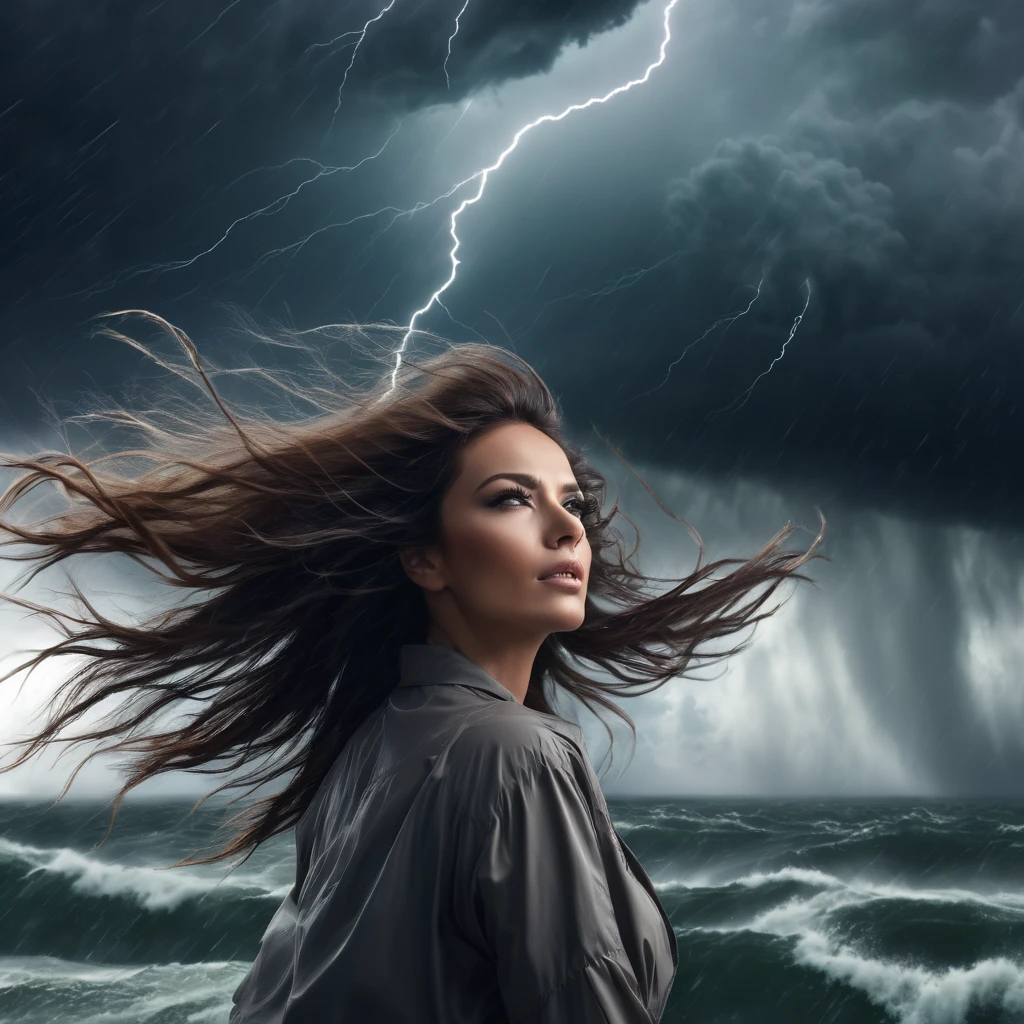a woman in the hurricane, long eyelashes, beautiful woman with flowing hair, dramatic wind blowing hair, dramatic lighting, dramatic storm clouds, epic cinematic style, dramatic landscape, dramatic clouds, dynamic movement, photorealistic, 8k, high resolution, best quality