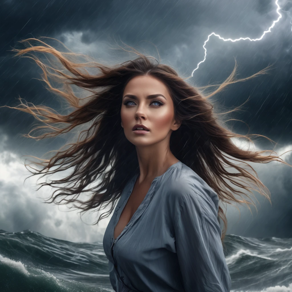 a woman in the hurricane, long eyelashes, beautiful woman with flowing hair, dramatic wind blowing hair, dramatic lighting, dramatic storm clouds, epic cinematic style, dramatic landscape, dramatic clouds, dynamic movement, photorealistic, 8k, high resolution, best quality