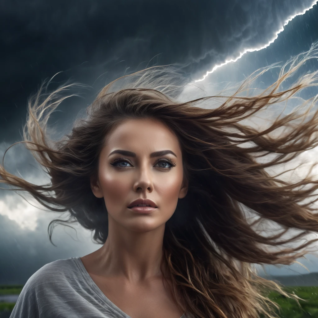 a woman in the hurricane, long eyelashes, beautiful woman with flowing hair, dramatic wind blowing hair, dramatic lighting, dramatic storm clouds, epic cinematic style, dramatic landscape, dramatic clouds, dynamic movement, photorealistic, 8k, high resolution, best quality