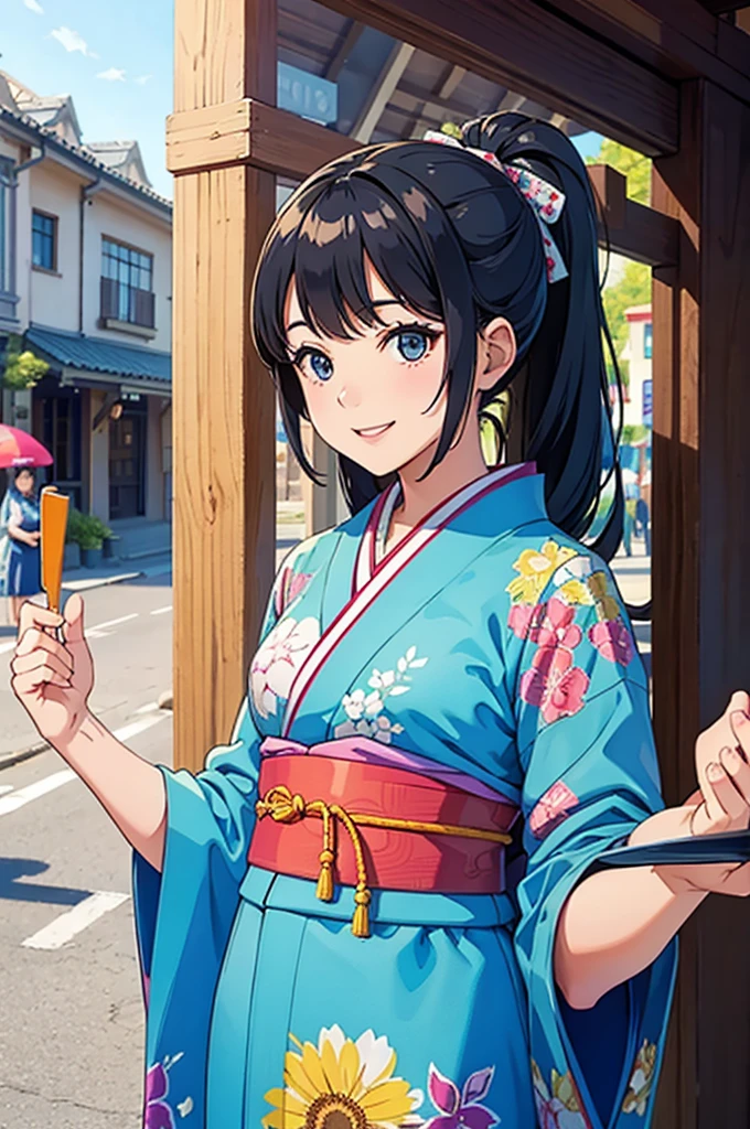 A beautiful smiling woman in a kimono greets people with a cheerful "Good morning" as her arms open under the blue sky