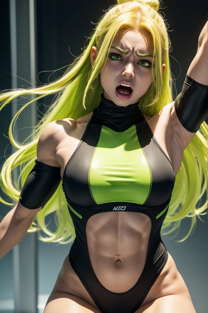 Create an extremely muscular female Android by growing her muscles, ripping of her clothes,she is screaming in fury,Your eyes are green,your skin is green,golden hair
