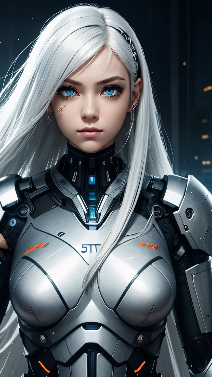 cyborg girl, beautiful eyes, battle field background, white hair, masterpiece, ultra high details