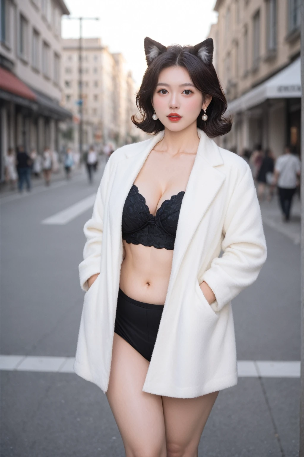 best quality, 4k, 8k, Detailed faces, clear face, a pretty girl, Korean makeup, Red lips,laugh, perfect body,shoulder length straight short hair,small breasts,thigh,slim,thin, The girl wears a long and wide coat, white small laced bra, lower abdomen, Snowscape, winter, street,