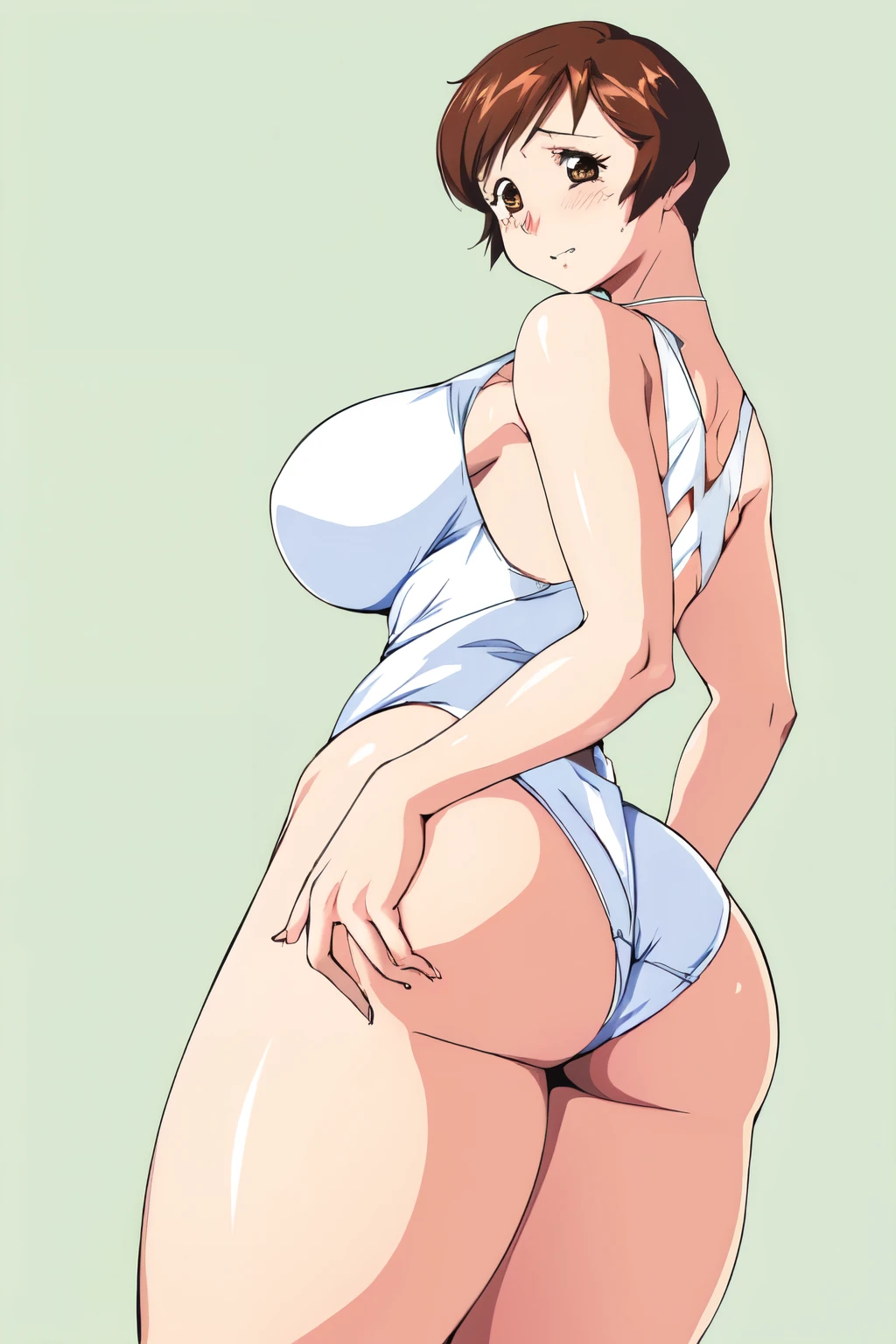 masterpiece, highest quality, High resolution, One girl, solo, sexual intercourse, Pornographic images, short hair, etsukoto, brown Eyes, fine grain, fine grain, (((Thick thighs, Plump thighs, Voluptuous thighs, Thighs alone are enough))), Huge and ample breasts, Cleavage, big long breasts, Naughty big,((big breasts are important))、((Naughty thighs)), L Cup, (thin:1.4),(Tight waist:1.4), (white swimsuit:1.4), Embarrassed look, blush, (((Simple Background))), ((Wide Hips)), Shiny, Oily skin, Mature mother, Calf, Seductive mature woman, milf, Perfect body, Plus Size Model, curvy, ample, etsukoto, blush, clavicle, retro artstyle, 1990s (style), (thick thighs:1.4), ((undersized swimsuit)), (((ass focus, showing hip))), (from side:0.7), bare ass, from below, pov,