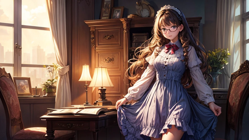 ((masterpiece, best quality)),(complex lighting),1girl, Valerie frizzle,dress, glasses