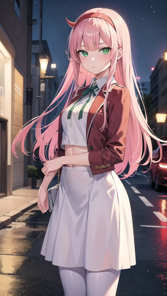 zerotwo, zero two, (green eyes:1.5), hairband, horns, long hair, pink hair, red horns, white hairband,
BREAK jacket, leggings, arrogant face, white footwear,white crop top,
BREAK indoors, classroom,BREAK looking at viewer, (cowboy shot:1.5),BREAK (masterpiece:1.2), best quality, high resolution, unity 8k wallpaper, (illustration:0.8), (beautiful detailed eyes:1.6), extremely detailed face, perfect lighting, extremely detailed CG, (perfect hands, perfect anatomy),city,street,night,wet road,reflections,lights, standing in middle of street