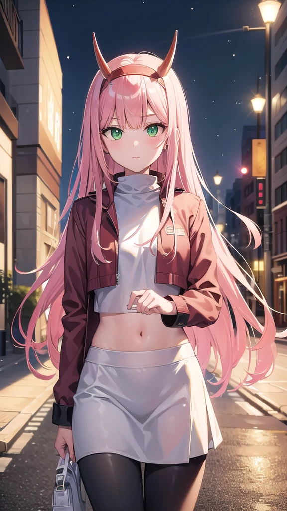 zerotwo, zero two, (green eyes:1.5), hairband, horns, long hair, pink hair, red horns, white hairband,
BREAK jacket, leggings, arrogant face, white footwear,white crop top,
BREAK indoors, classroom,BREAK looking at viewer, (cowboy shot:1.5),BREAK (masterpiece:1.2), best quality, high resolution, unity 8k wallpaper, (illustration:0.8), (beautiful detailed eyes:1.6), extremely detailed face, perfect lighting, extremely detailed CG, (perfect hands, perfect anatomy),city,street,night,wet road,reflections,lights, standing in middle of street