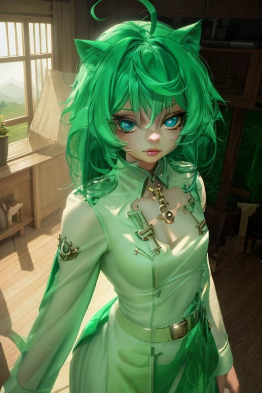 A beautiful girl with long hair, big eyes, wearing an elegant dress, standing in front of a lush green mountain landscape with a serene lake, (best quality,4k,8k,highres,masterpiece:1.2),ultra-detailed,(realistic,photorealistic,photo-realistic:1.37),extremely detailed face and eyes,long eyelashes,beautiful detailed eyes,beautiful detailed lips,green mountains,green water,intricate dress,dramatic lighting,cinematic,high fashion,elegant,serene