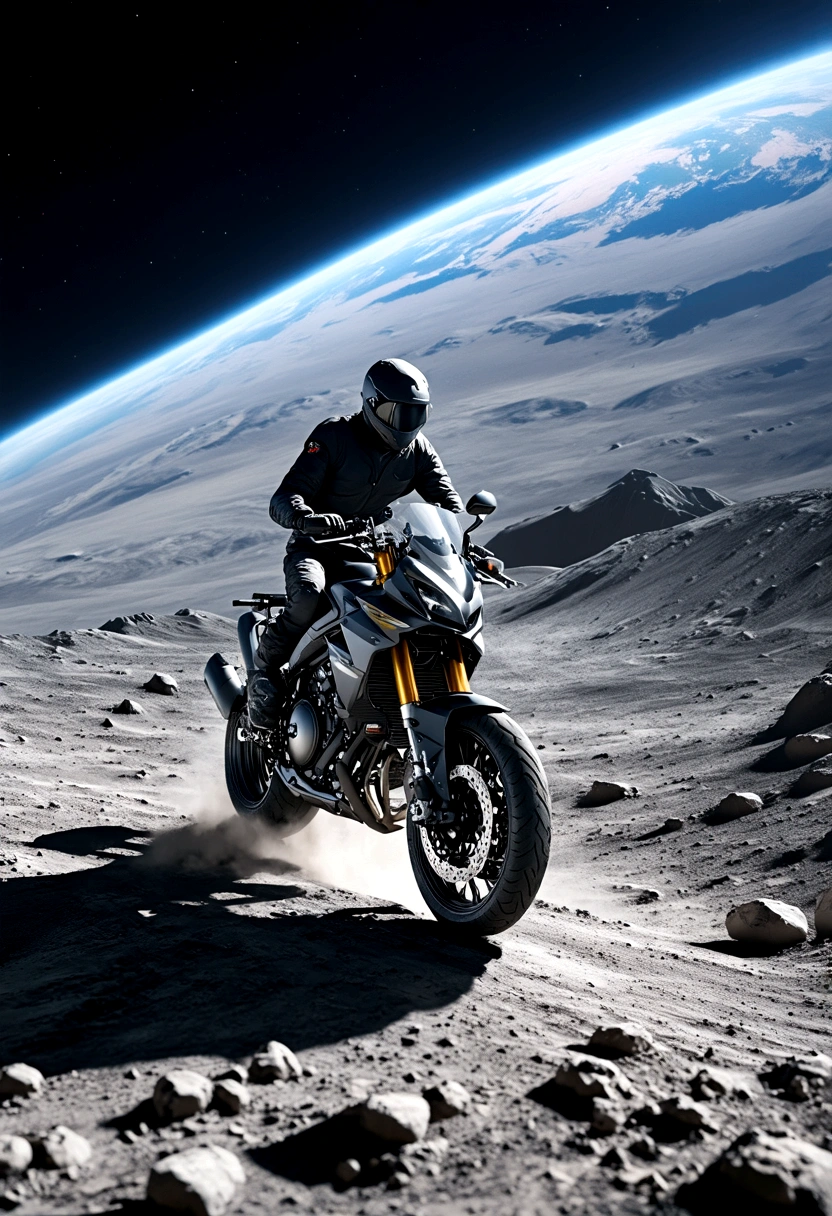 realistic detailed motorcycle driving on the surface of the moon, Earth visible in the sky, detailed lunar landscape, dramatic lighting, cinematic composition, realistic textures, intricate details, hyperrealistic, highly detailed, vibrant colors, dramatic lighting, photorealistic,4k, high resolution