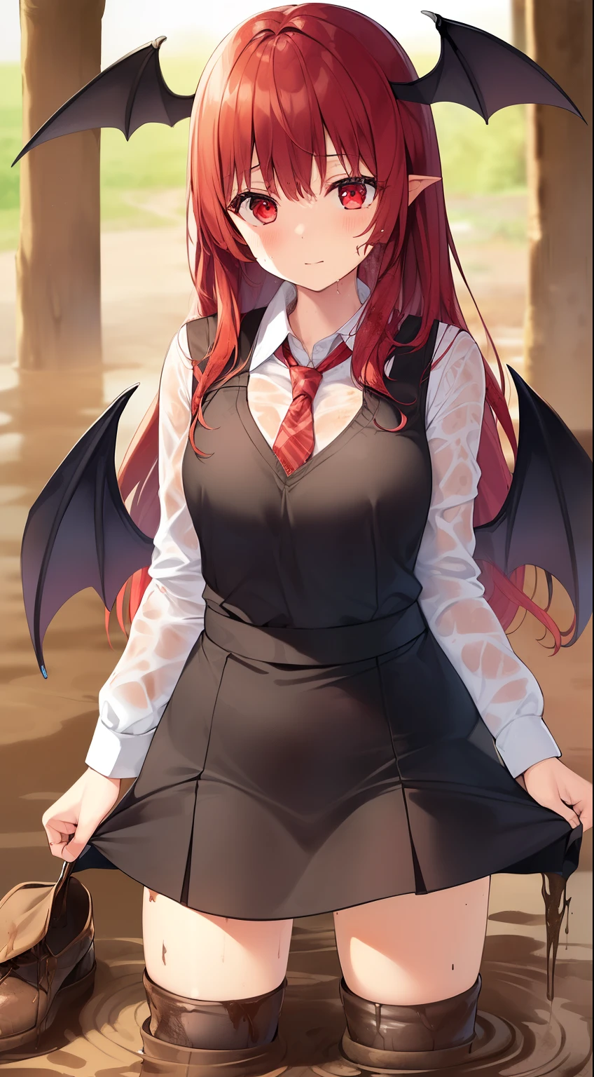 One girl,alone,East,(koakuma:1.3), (Long Hair:1.3), Redhead, Side Lock, Red eyes,(Devil's Wings:1.3), (Wings on the head:1.3),White shirt,Collared shirt, Juliet Sleeve, Long sleeve, Black vest, Red tie, Black long skirt, skirt set, Black Dress,Fine grain,Perfect Eyes,(Large Breasts:0.8),(muddy brown high socks:1.3),Are standing,
(in the mud with her legs in the mud:1.3), (mud,muddy:1.3) ,(covered in mud, stuck in mud:1.3),No shoes