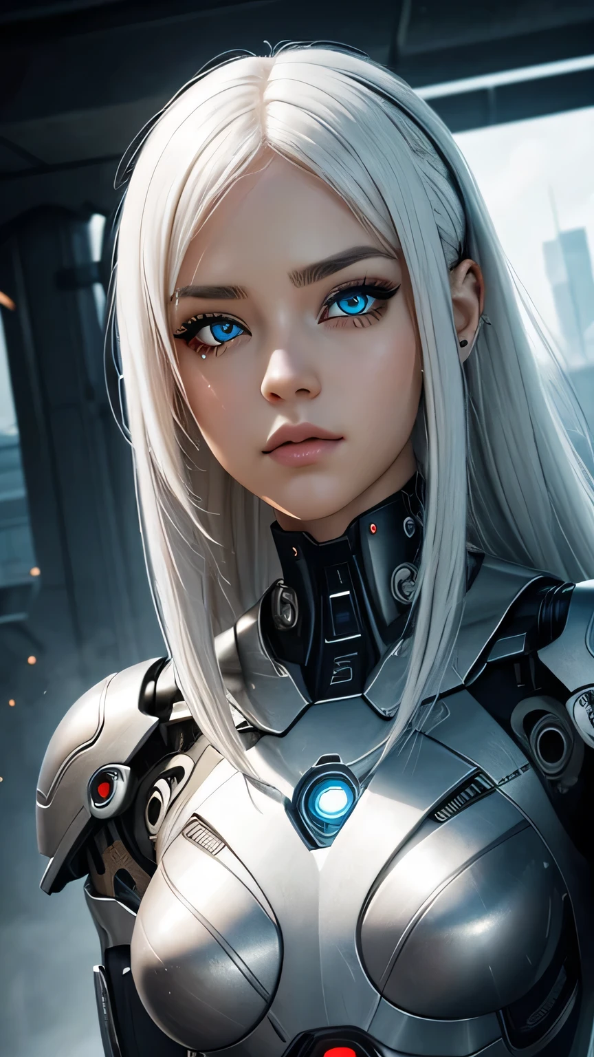 cyborg girl, beautiful eyes, battle field background, white hair, masterpiece, ultra high details