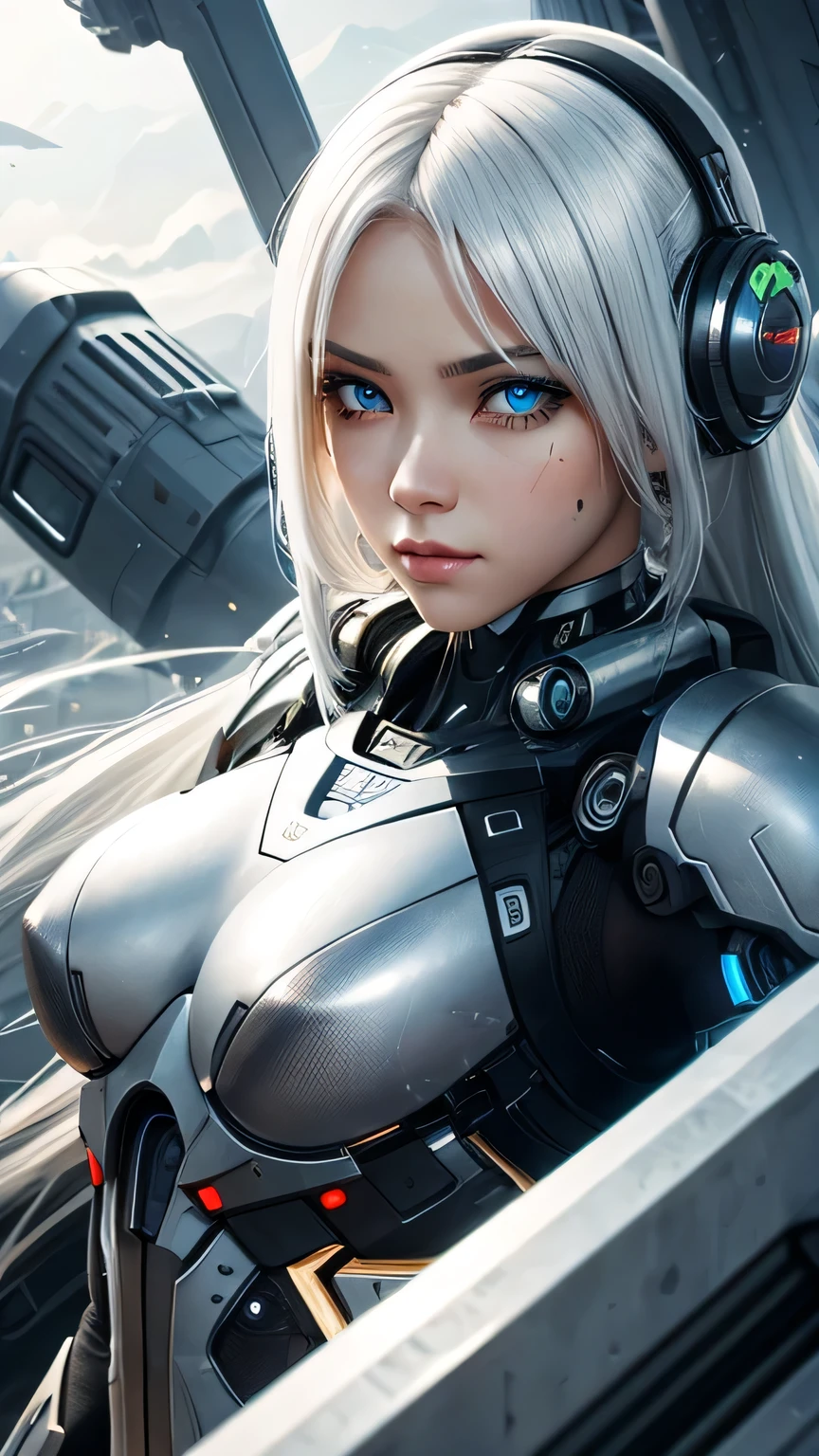 cyborg girl, beautiful eyes, battle field background, white hair, masterpiece, ultra high details