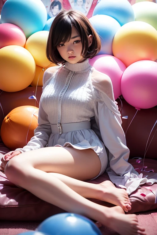 a 12 years old girl, ((having a lot of balloons)) , real photo, (((full body))), (sitting on sofa), hot pants,