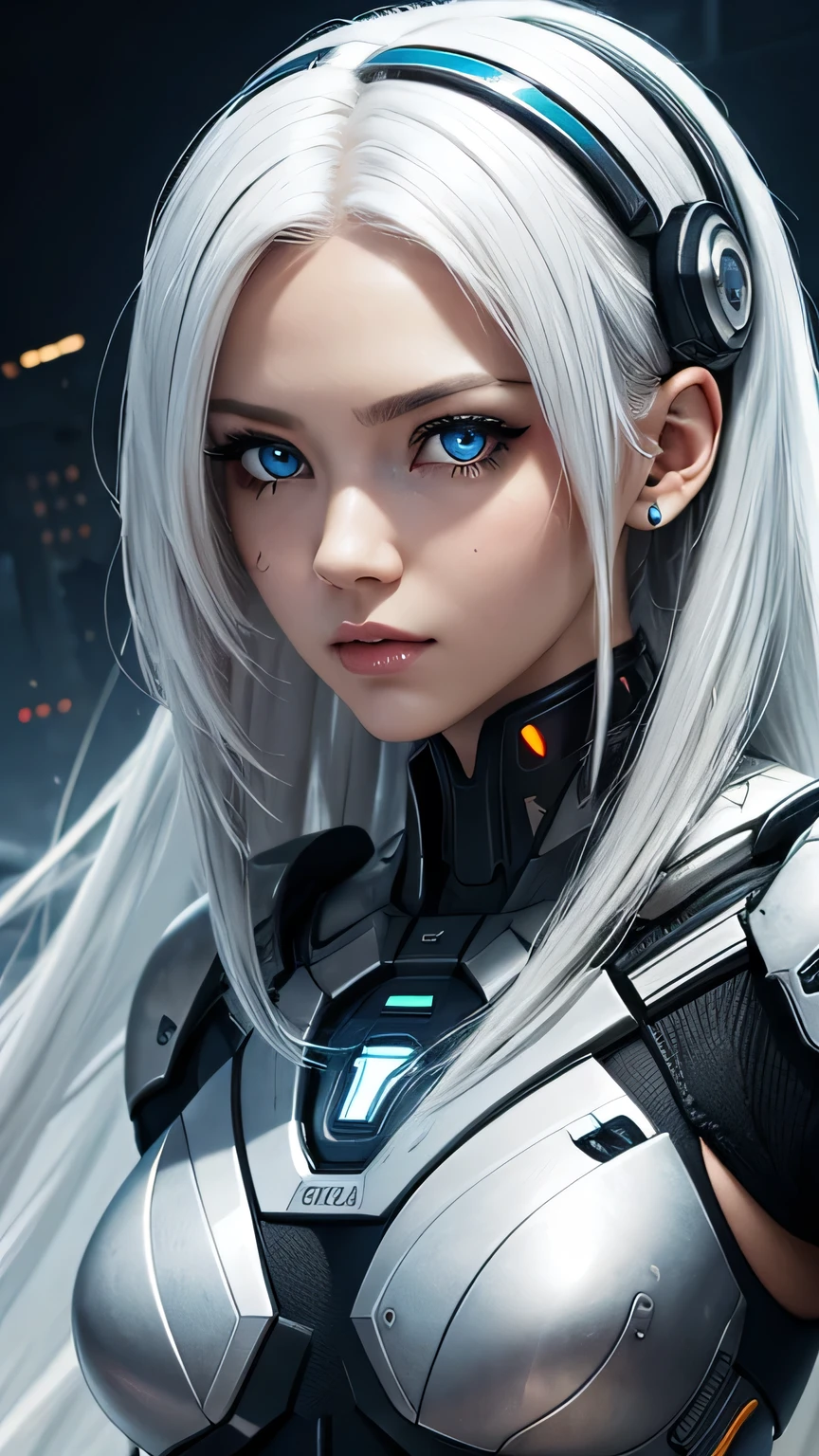 cyborg girl, beautiful eyes, battle field background, white hair, masterpiece, ultra high details