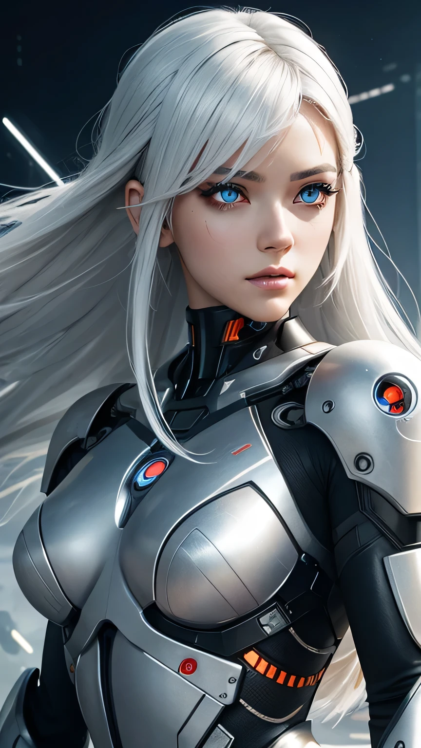 cyborg girl, beautiful eyes, battle field background, white hair, masterpiece, ultra high details