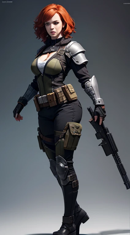Imagine Christina Hendricks as an Call of Duty character, Christina Hendricks as a video game character, Call of Duty, Christina Hendricks in a First-Person shooter video game, created in Craig Mullins style. High-quality facial research of Christina Hendricks, (Christina's sculpted cheekbones and slight wrinkles around the face), 48 years old, High-quality detailed research of Christina Hendricks voluptuous figure. Body armor, armored suit, cleavage, high-tech goggles, metallic utility belt, metal arm bands, gun holsters, fingerless gloves. Glamorous, confident expression, fierce and powerful stance. (Full Body shot), (realistic photo, best quality, detailed), (8k wallpaper), (cinematic lighting, dramatic lighting) (sharp focus, intricate)