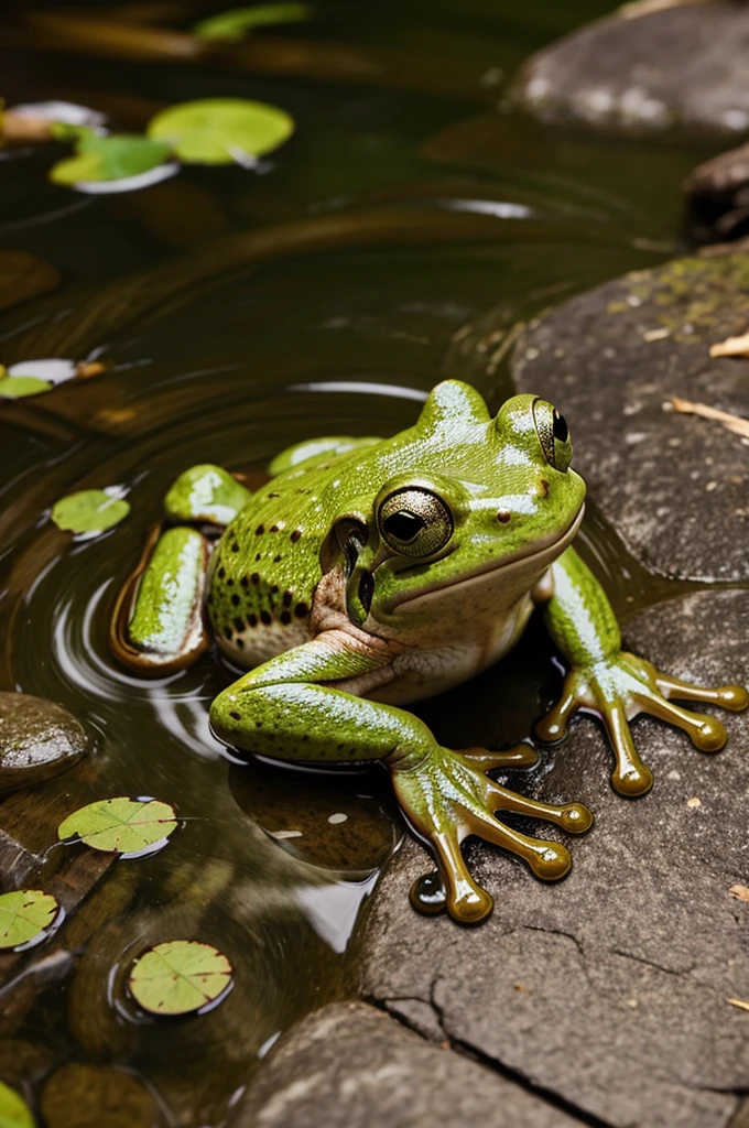 Cute frog sitting edge of river