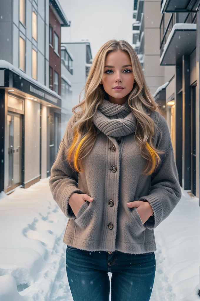 professional portrait photograph of a gorgeous Norwegian girl in winter clothing with long wavy blonde hair, sultry flirty look, gorgeous symmetrical face, cute natural makeup, wearing elegant warm winter fashion clothing, ((standing outside in snowy city street)), stunning modern urban environment, ultra realistic, concept art, elegant, highly detailed, intricate, sharp focus, depth of field, f/1. 8, 85mm, medium shot, mid shot, (((professionally color graded))), bright soft diffused light, (volumetric fog), trending on instagram, hdr 4k, 8k