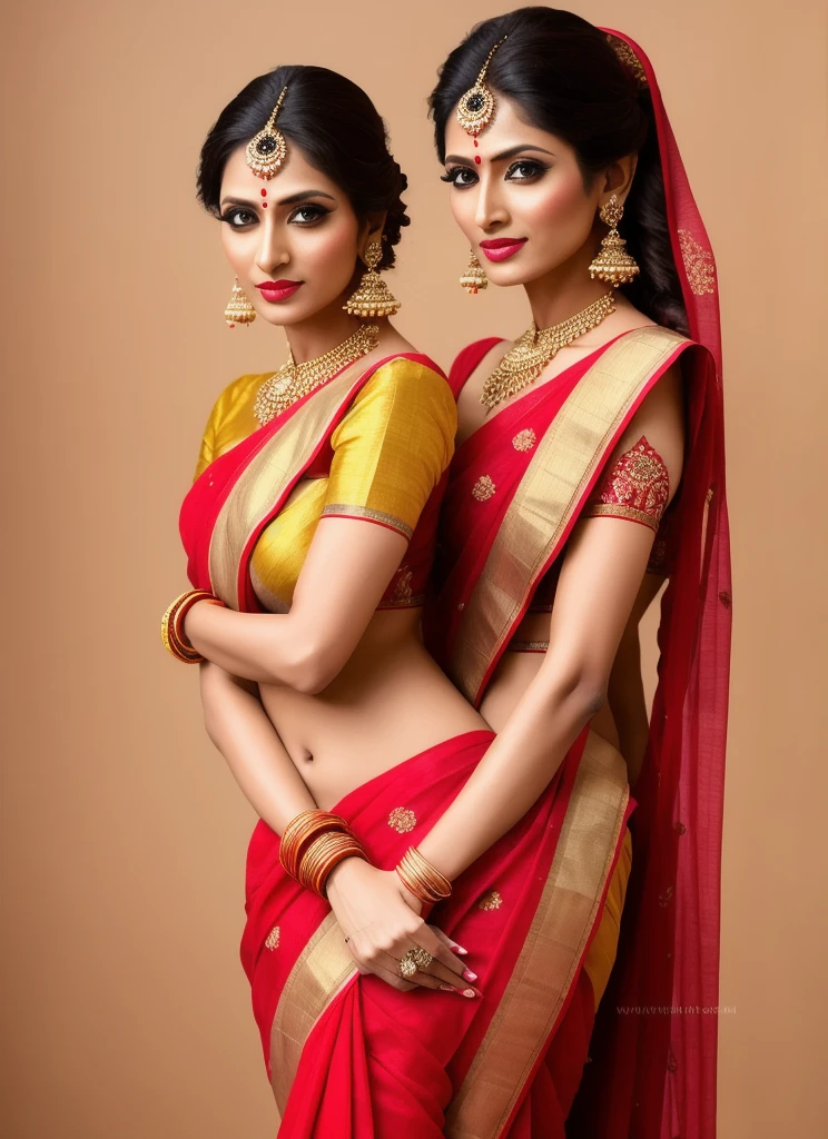 professional model shoot photo, 24yo milf girl look like Delhi, India (highly detailed:1.1), red and yellow (saree), perfect eyes, sharp focus, 8k high definition, insanely detailed, intricate, elegant, flower and garden backgroung