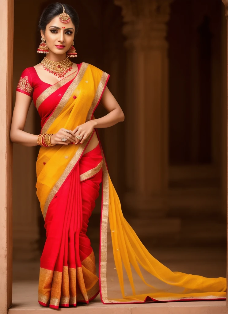 professional model shoot photo, 24yo milf girl look like Delhi, India (highly detailed:1.1), red and yellow (saree), perfect eyes, sharp focus, 8k high definition, insanely detailed, intricate, elegant, flower and garden backgroung