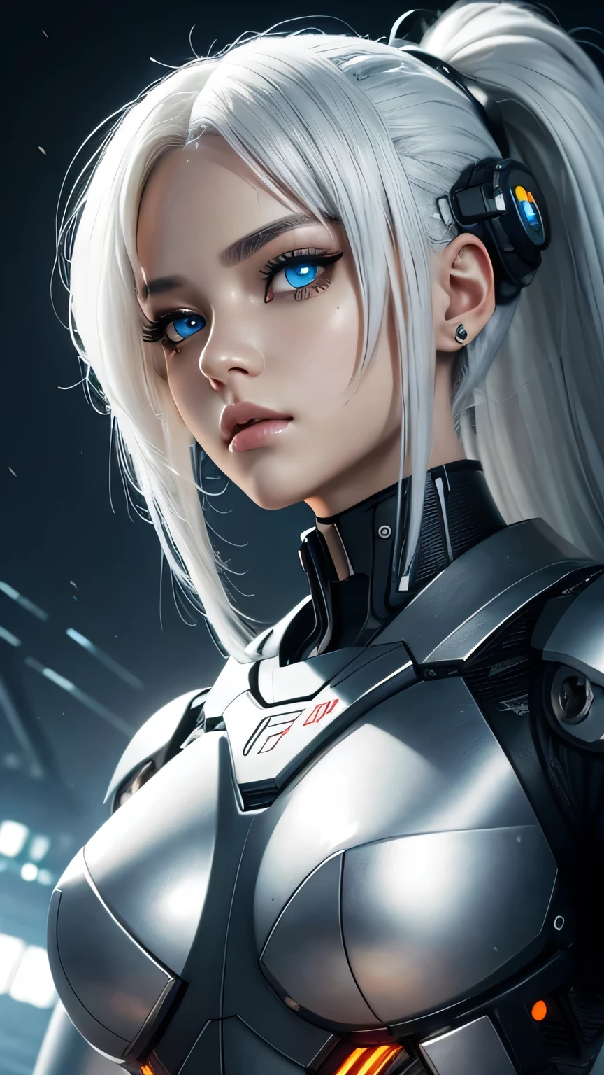 cyborg girl, beautiful eyes, battle field background, white hair, masterpiece, ultra high details