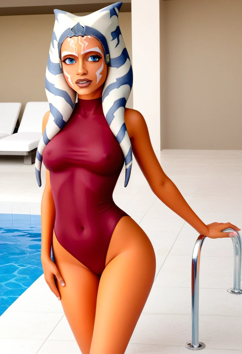 score_9_up, score_8_up, score_7_up, 1girl, solo, mature female, ((Ahsoka Tano))(((orange skin color))), long horns, blue eyes, pink lips, parted lips, white tattoos on cheeks, fit slim body, ((perfect medium erected breast)), (((burgundy tight top with burgundy tight tunic))), (((highly detailed spa center space, swimming pool,))), perfect model body, wide hips, standing