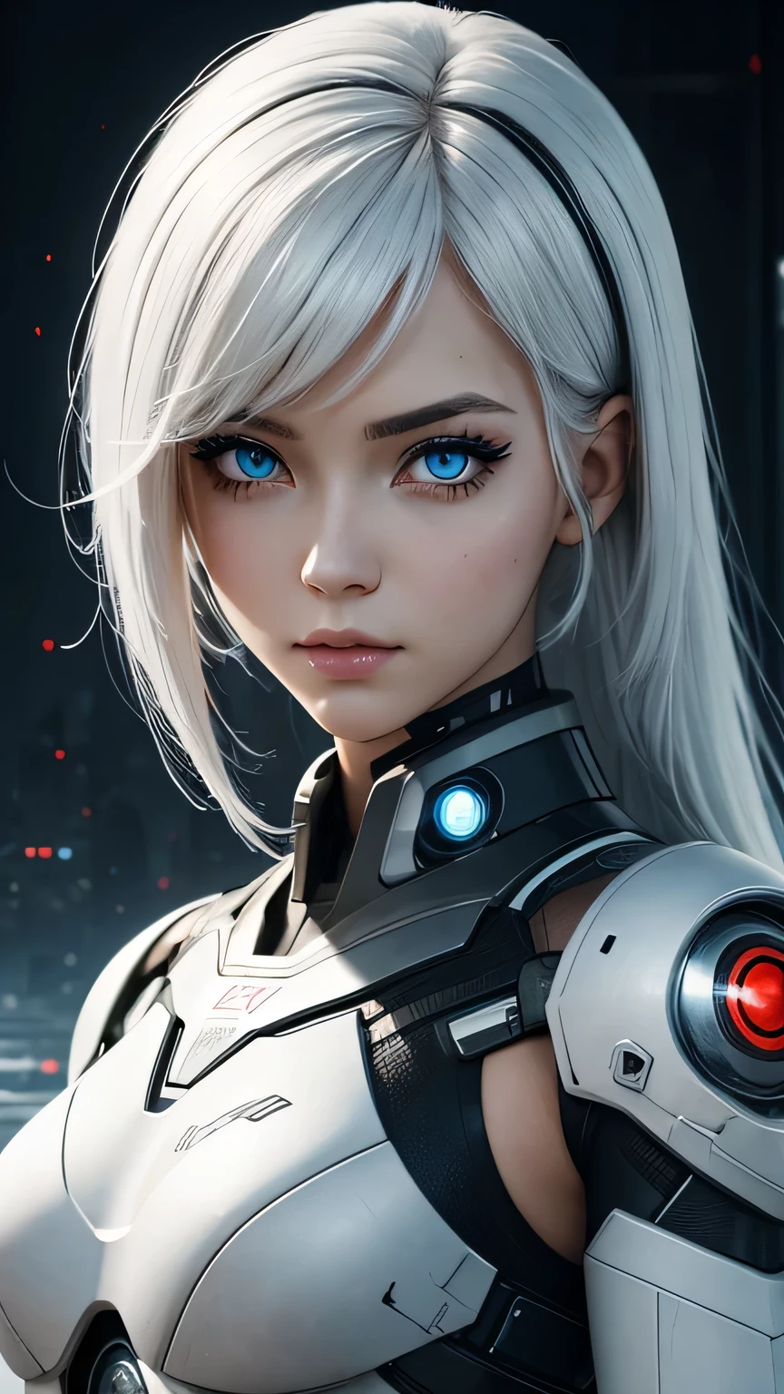 cyborg girl, beautiful eyes, battle field background, white hair, masterpiece, ultra high details
