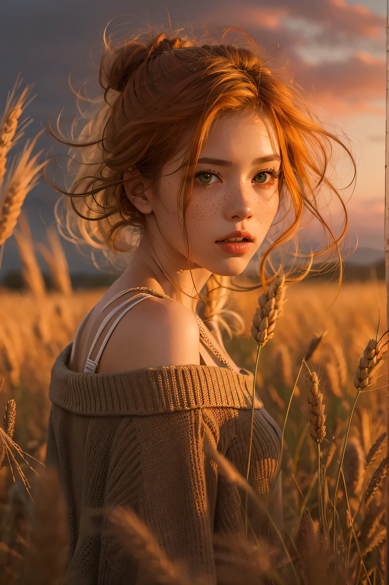 1girl, belviso, bob cut, braid, light freckles, lips, long hair, looking at viewer, messy hair, orange hair, green eyes, loose knitted shirt, off shoulder.
half body shot, realistic, solo, teeth.
Walking through a wheat field. Dramatic sky, blurry background, blurry foreground, shallow depth of field.
golden hour.