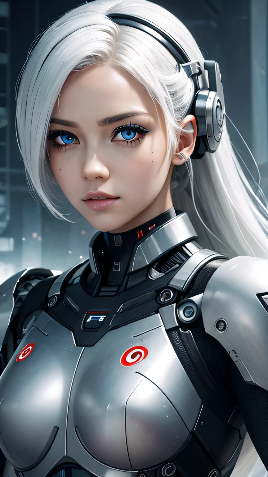 cyborg girl, beautiful eyes, battle field background, white hair, masterpiece, ultra high details