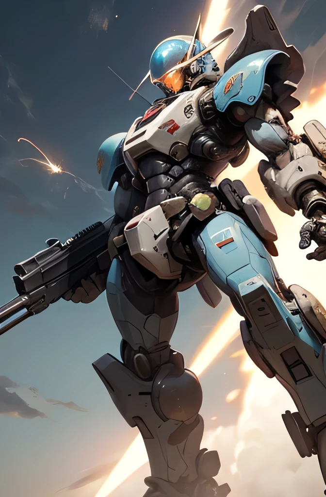 Highest quality、Fantasy、masterpiece、Giant robot whole body、The colors are light blue and white、Glossy body with exquisite details、Slim, well-proportioned limbilitary helmet-like head、Precisely drawn goggle eyes、Shooting a rifle into space、Shining in the sunshine、explosion、flash
