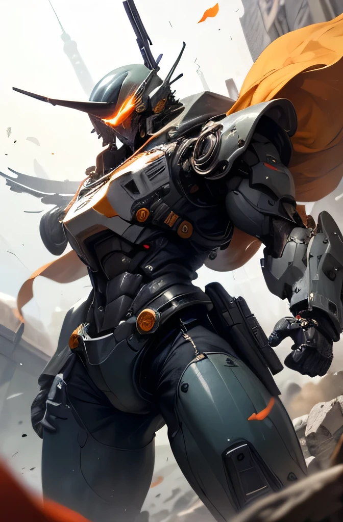 Highest quality、8K、Fantasy、masterpiece、Giant robot whole body、The colors are light blue and white、Glossy body with exquisite details、Slim, well-proportioned limbs、Military helmet-like head、Precisely drawn goggle eyes、Shooting a rifle into space、Shining in the sunshine、explosion、flash