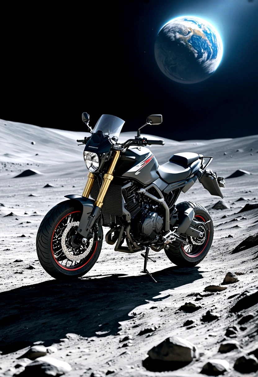 realistic detailed motorcycle driving on the surface of the moon, Earth visible in the sky, detailed lunar landscape, dramatic lighting, cinematic composition, realistic textures, intricate details, hyperrealistic, highly detailed, vibrant colors, dramatic lighting, photorealistic,4k, high resolution