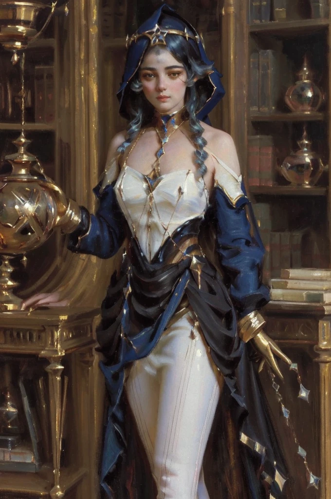 A young girl in realistic oil painting portrait of high quality and detail, Layla (Genshin Impact), Classicism, Waist, 19th century style, full-length, dark and mysterious atmosphere, pale skin, glow, eye shadow, 1girl, thriller fantasy, Depth & Perspective, sadness on her face, She has long dark blue hair with curls, amber eyes, pointed ears, Mystical powers, fine face, She's stands in the library in the Middle Eastern style, indoors, She is wearing white tight leggings, gold high-heeled shoes, a blue hood, black gloves with metal inserts and a black cape on her shoulders. blue sky, white cloud, looking at viewer, (ultra-high detail:1.2), Masterpiece, Best Quality, Ultra-detailed, Cinematic lighting, 8K, delicate features, cinematic, 35 mm lens, f/1.9, highlight lighting, global lighting –uplight –v 4, cinematic, intense gaze, Cinematic lighting, 8K, high quality, Highest Quality, (Solo Focus), (extremly intricate:1.3), (Realistic), dramatic, masterful, Analog style, (Film grain:1.5), (warm hue, cold tone), behind back