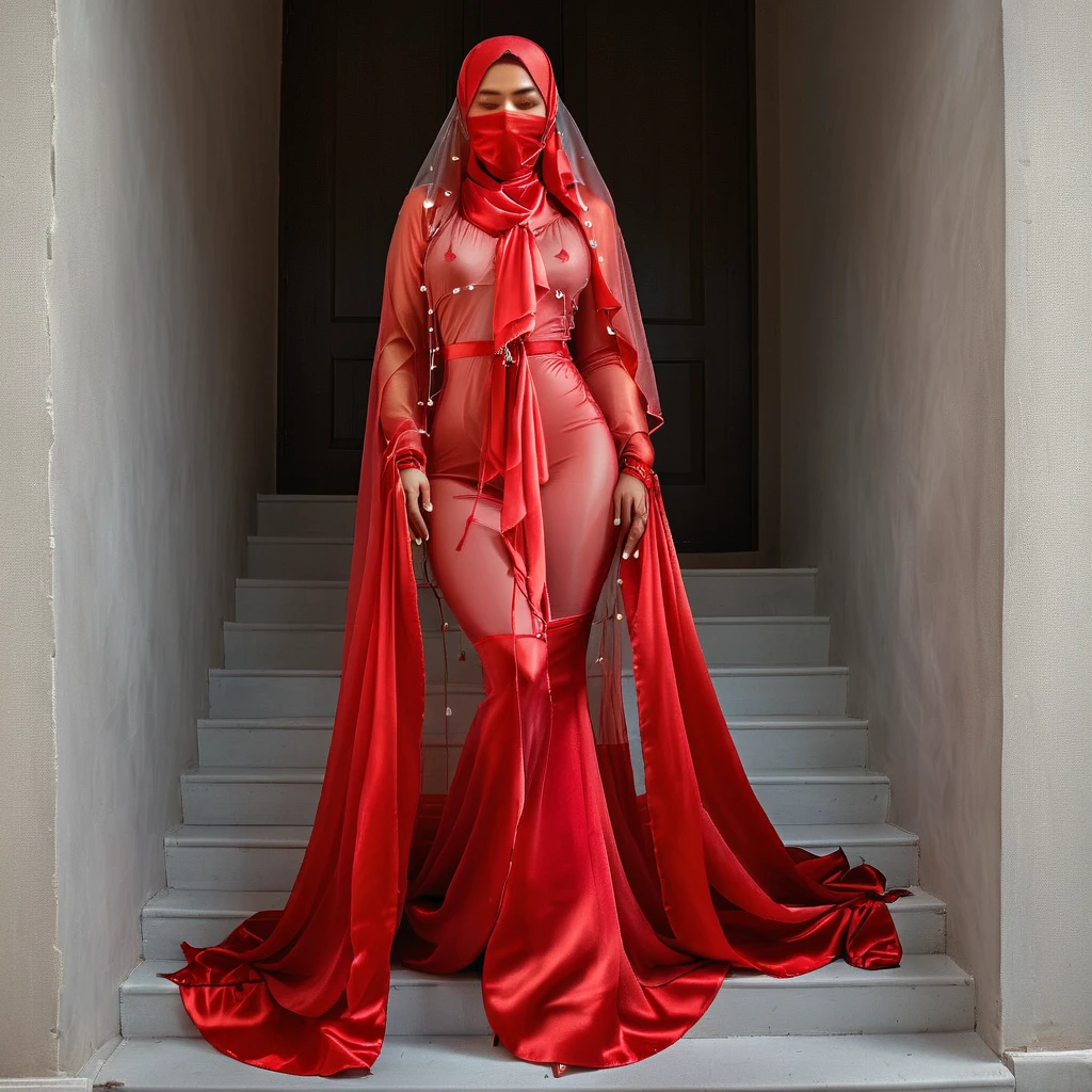 a woman in the translucent silk red gown, tight full body tied, satin sheet, nipple on with nipple piercing, wearing translucent veils, faceless, face cover with satin veil, satin hijab, full body, long satin,mermaid tight long gown, flowy dramatic long gown, tall women, tight in knees, strugle to walk, wear high heels, walk downstair, masterpice