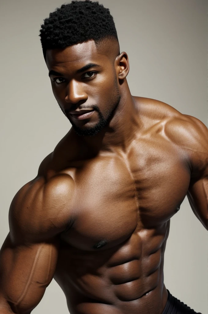 anime characters：Black man, Fitness coach, Dark black skin tone, His skin is pitch black., 1 muscular tough guy, Manliness, male focus, Cream Lycra T-shirt, Very tight, The pectoral muscles are oversized, Slightly transparent, muscular male, muscular, only, Upper body, alone, White short hair, Thick eyebrows, stubble, Yellow eyes, Grey background, simple background, amazing quality, best aesthetics, Ridiculous, bright pupils, crew cut, parted lips, seductive smile, torogao, naughty face, drop shadow, best quality