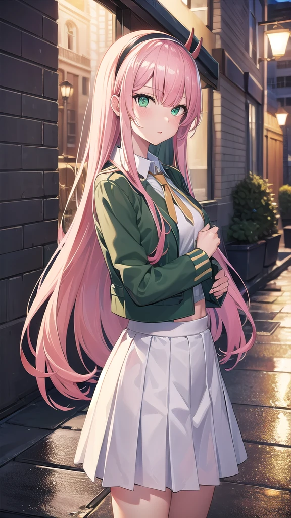 zerotwo, zero two, (green eyes:1.5), hairband, horns, long hair, pink hair, red horns, white hairband,
BREAK jacket, stockings, haigh waist skirt, arrogant face, white footwear,white crop top,
BREAK indoors, classroom,BREAK looking at viewer, (cowboy shot:1.5),BREAK (masterpiece:1.2), best quality, high resolution, unity 8k wallpaper, (illustration:0.8), (beautiful detailed eyes:1.6), extremely detailed face, perfect lighting, extremely detailed CG, (perfect hands, perfect anatomy),city,street,night,wet road,reflections,lights, standing in middle of street