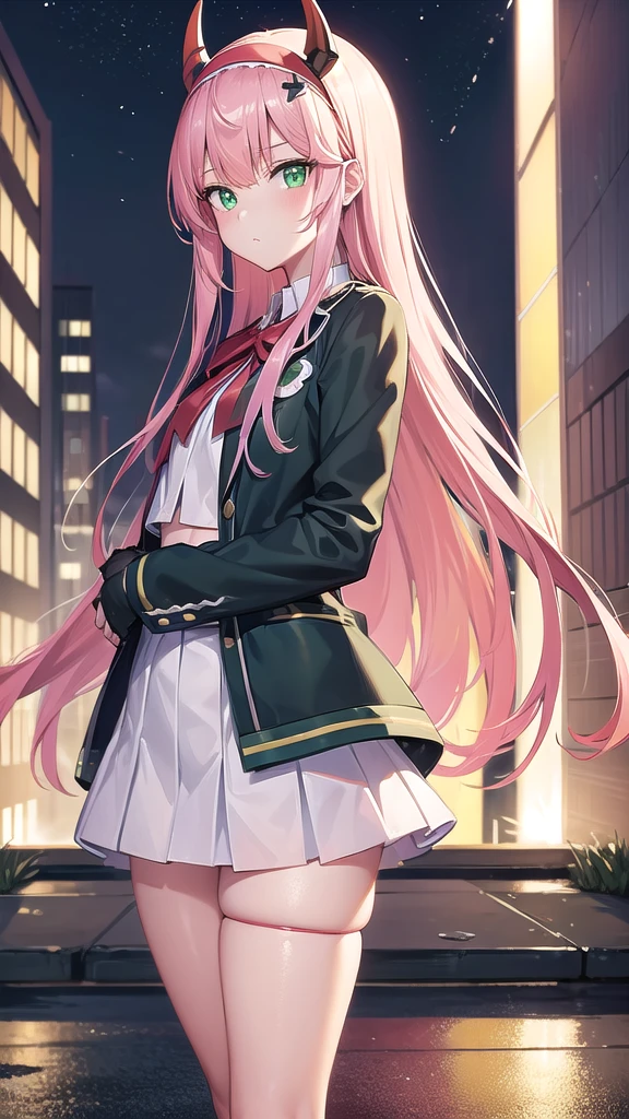 zerotwo, zero two, (green eyes:1.5), hairband, horns, long hair, pink hair, red horns, white hairband,
BREAK jacket, stockings, haigh waist skirt, arrogant face, white footwear,white crop top,
BREAK indoors, classroom,BREAK looking at viewer, (cowboy shot:1.5),BREAK (masterpiece:1.2), best quality, high resolution, unity 8k wallpaper, (illustration:0.8), (beautiful detailed eyes:1.6), extremely detailed face, perfect lighting, extremely detailed CG, (perfect hands, perfect anatomy),city,street,night,wet road,reflections,lights, standing in middle of street