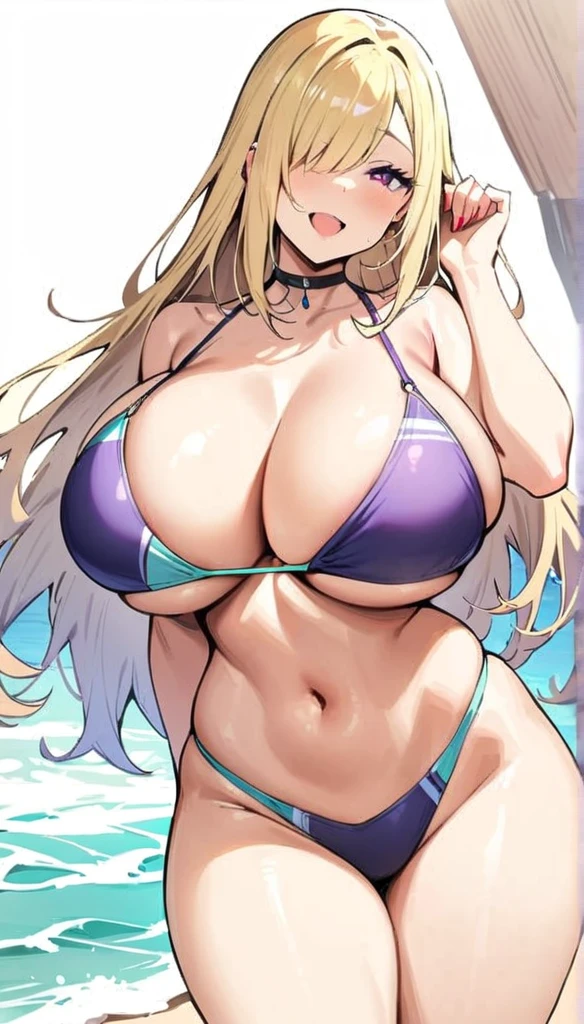 ((Best Quality)), ((Masterpiece)), (detailed), 1 girl, Pastel yellow hair, long hair, hair covers one eye, purple eyes, tight, big breasts, big thighs, expression smiling shy, Swimsuit, on the beach