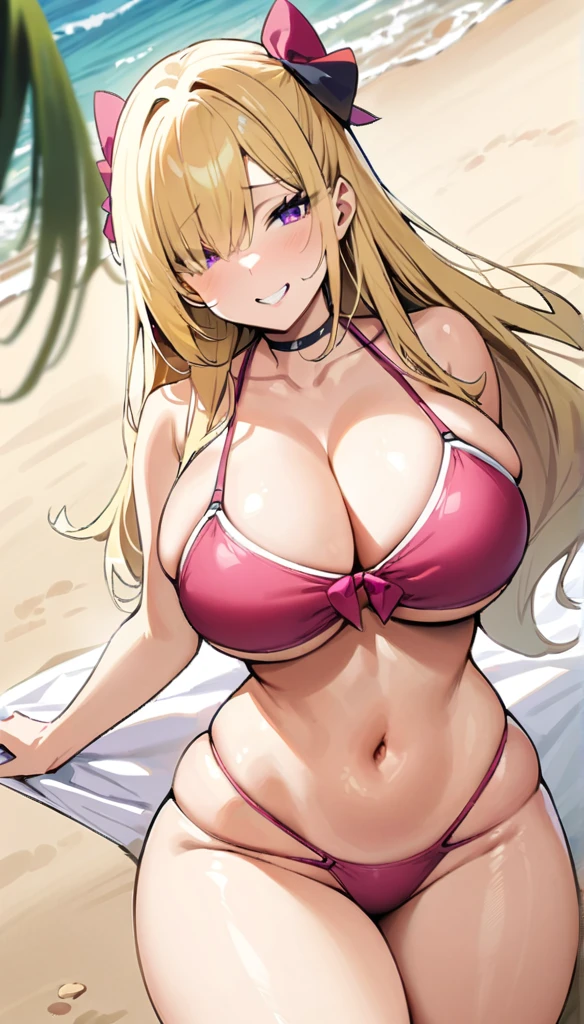 ((Best Quality)), ((Masterpiece)), (detailed), 1 girl, Pastel yellow hair, long hair, hair covers one eye, purple eyes, tight, big breasts, big thighs, expression smiling shy, Swimsuit, on the beach