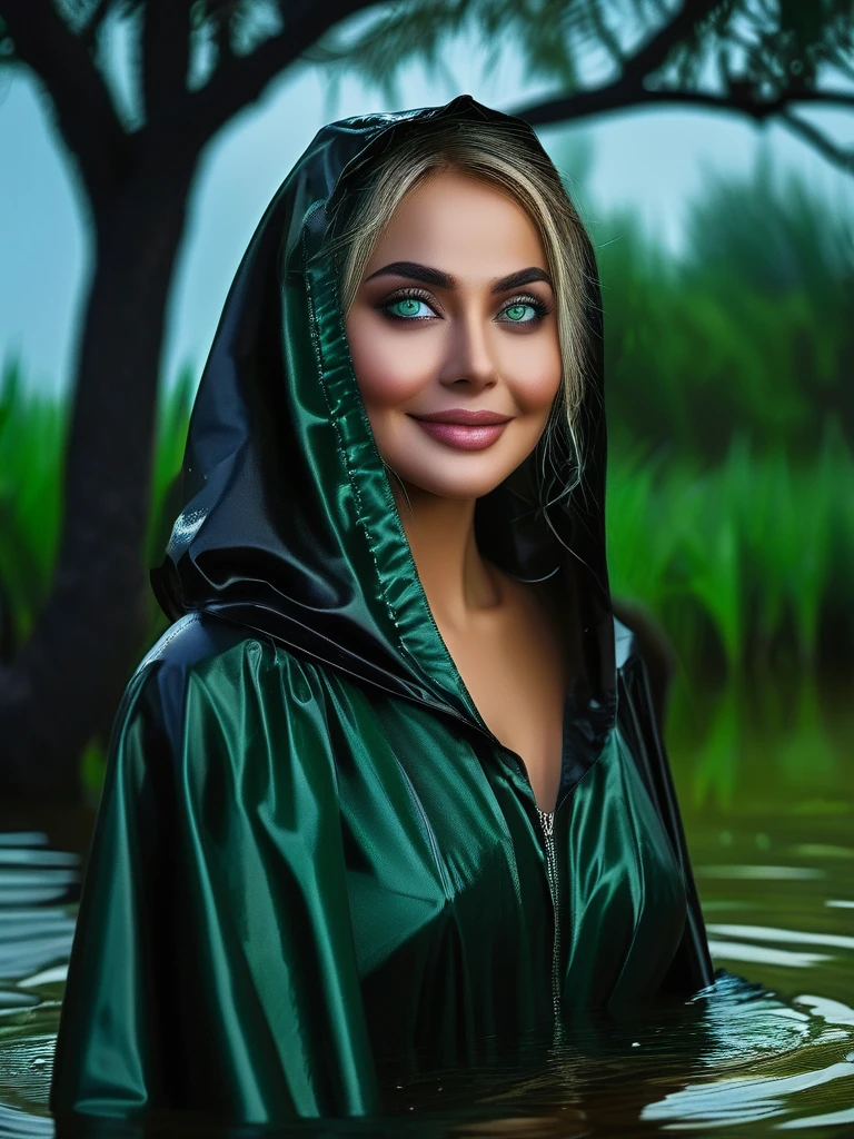 grandfather in a black raincoat , black hood, stands behind a tree , a beautiful Russian woman with green eyes stands waist-deep in water, white cape. Woman smiling sinisterly,She stands facing her grandfather.night,dark,moon, darkness