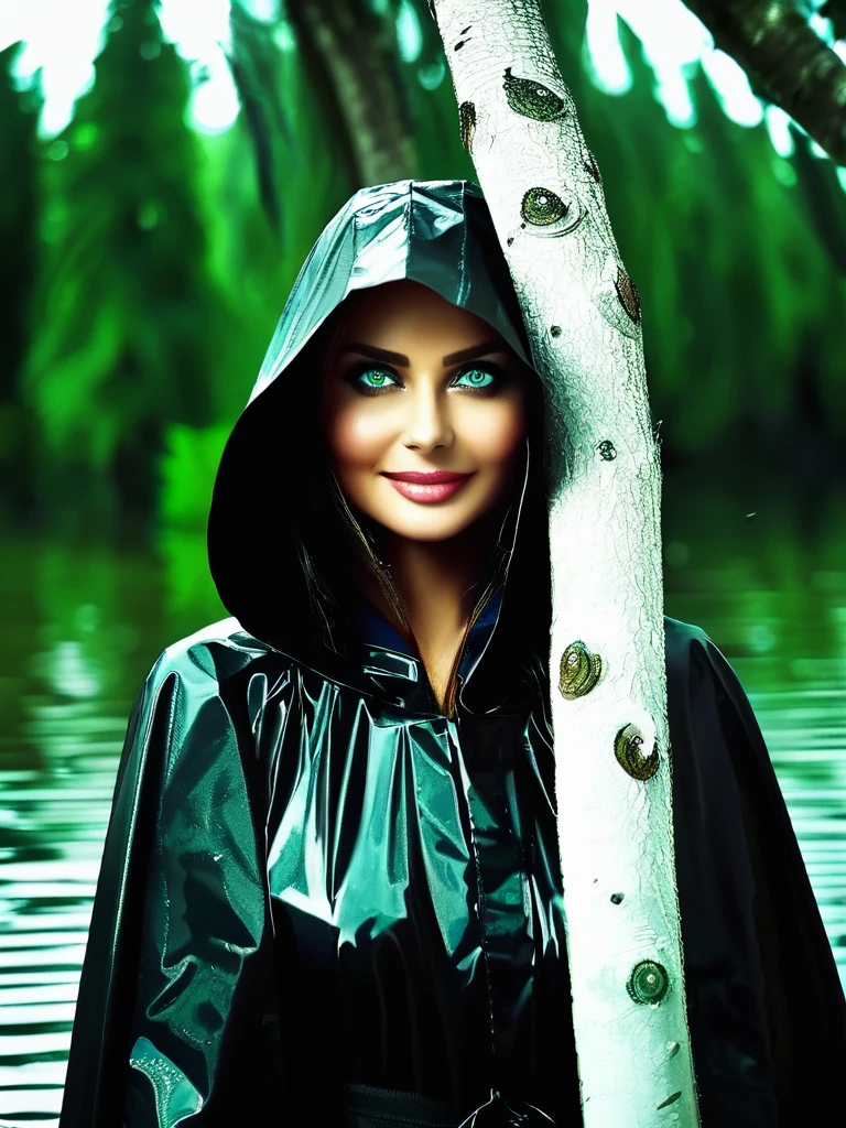 grandfather in a black raincoat , black hood, stands behind a tree , a beautiful Russian woman with green eyes stands waist-deep in water, white cape. Woman smiling sinisterly,She stands facing her grandfather.night,dark,moon, darkness