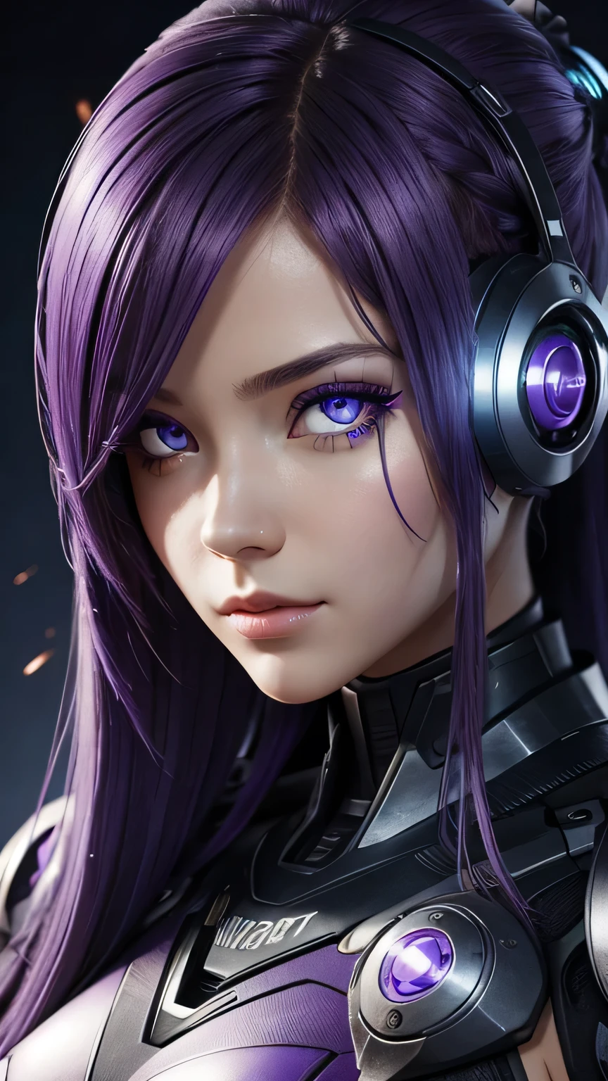 cyborg girl, beautiful eyes, battle field background, violet hair, masterpiece, ultra high details