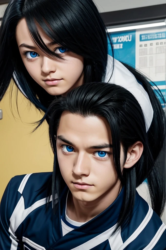 Screenshot of my hero academia, long black hair girl, phosphorescent blue eyes, has a calm expression, He is wearing the UA uniform and in the background he has a UA school class