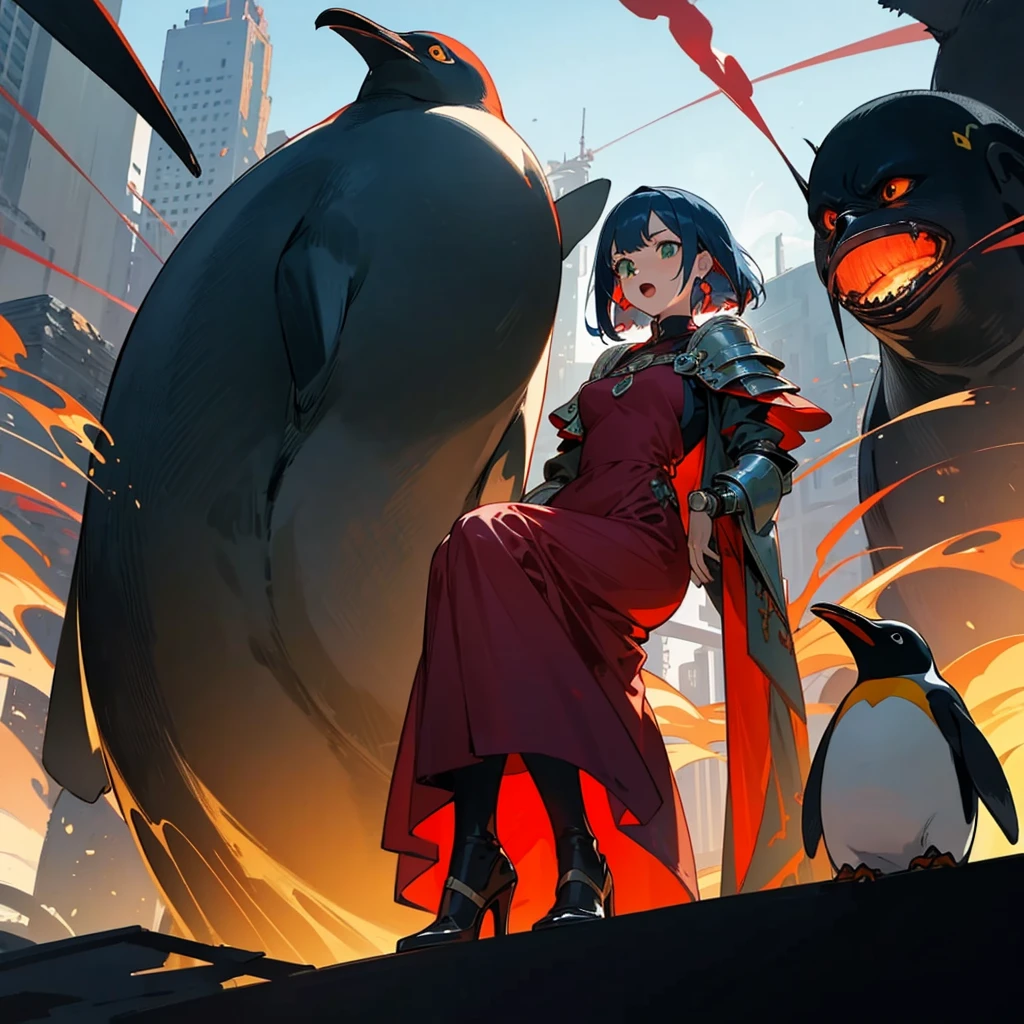 Full body version, one girl sat on his back largest one penguin, one girl has blue hair, wavy bob hairstyle, green eyes, red cheeks, red earrings, long dress clothing style, red color clothes, Meanwhile, the penguin is very big, largest body, muscles, Metallic armor in body, wearing head armor, angry penguins, penguins destroy the city, open mouth emitting a large fire laser), (full background of destroyed city, fire, smoke, evening silhouette light, bright light from the penguin's mouth )