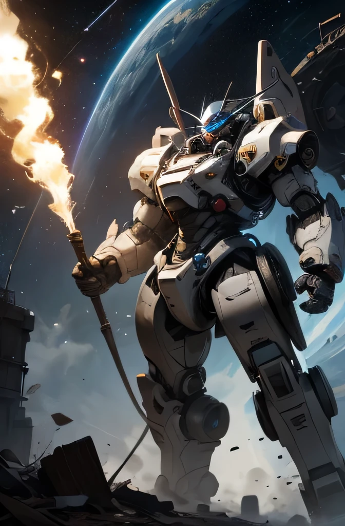 Highest quality、Highest quality、Fantasy、masterpiece、Total height: 25 metres、Large space robot、Heavy armor for debris collection、high output、Excellent dexterity、Natural khaki color、Flying in outer space