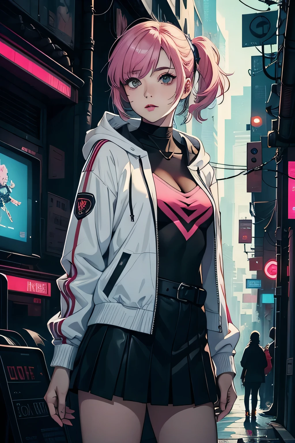 Create an anime-styled digital artwork featuring a cyberpunk inspired girl with pink hair wearing a white jacket and a black skirt. The first artwork should be in 4k resolution and depict the girl in a hoodie, giving off cyberpunk vibes. The second artwork should be in 8k resolution, showcasing an anime art wallpaper with a cyberpunk girl. Both artworks should have a high-quality anime artstyle and feature a portrait of a space cadet girl.