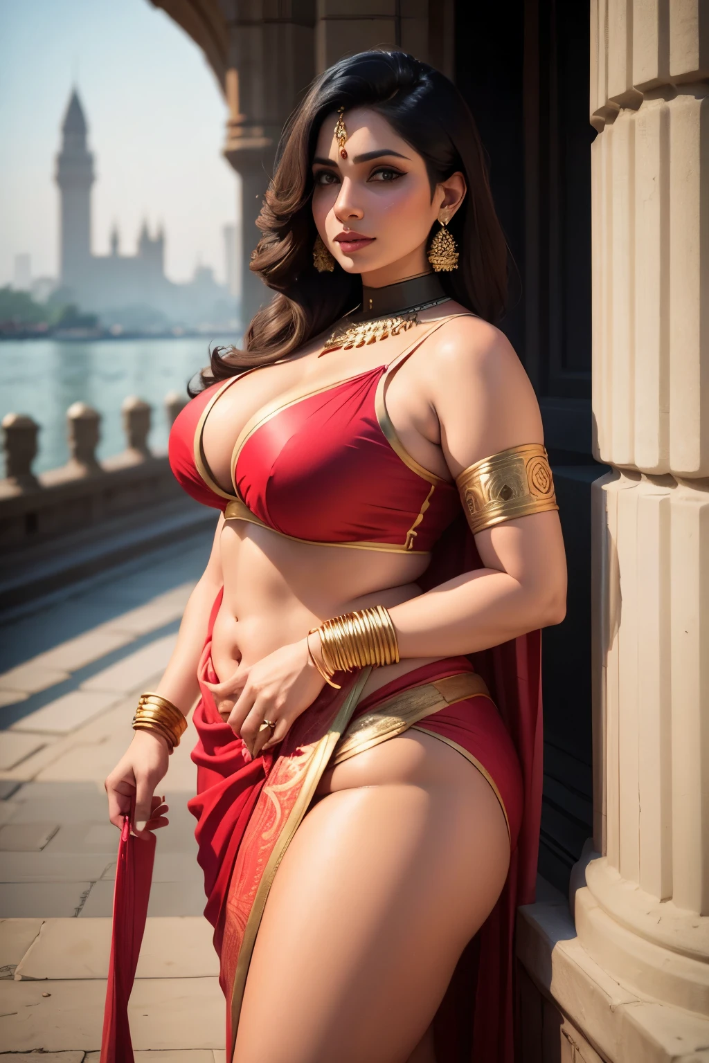 indian hot aunty, curvy body, wearing a stunning saree, at gateway of india mumbai