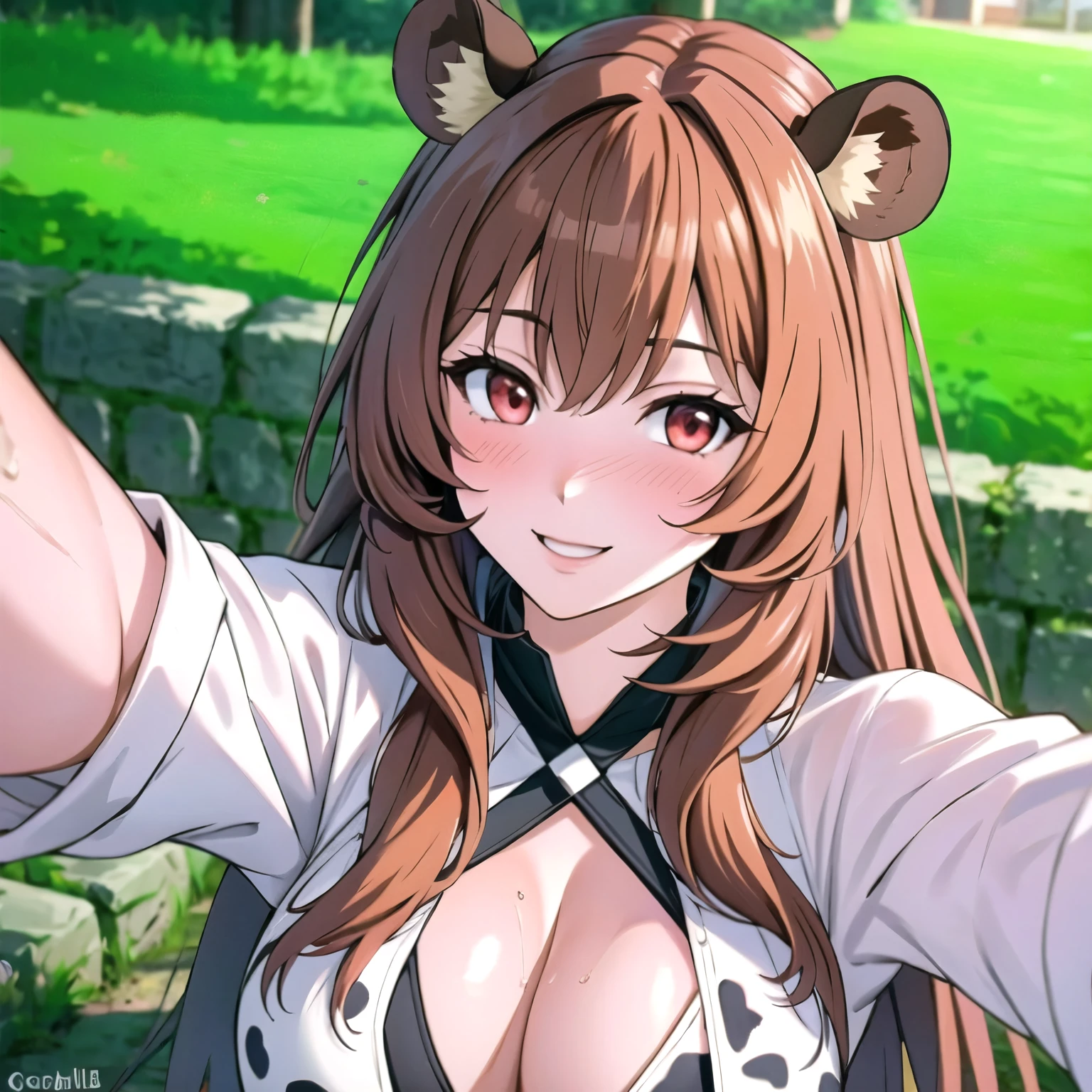 Raphtalia, attractive 25 year old woman, bear ears, glowing orange hair, detailed ruby red eyes, light skin smile, blush, sweet look, cow costume.  Selfie.